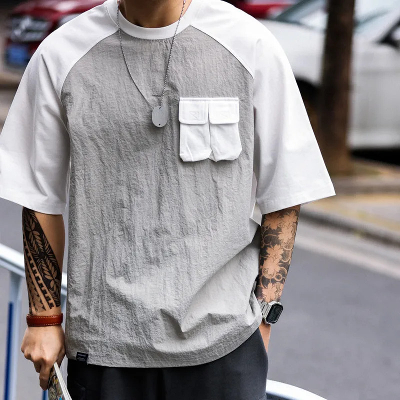 American retro sports men's loose outdoor casual patchwork pocket short sleeved T-shirt