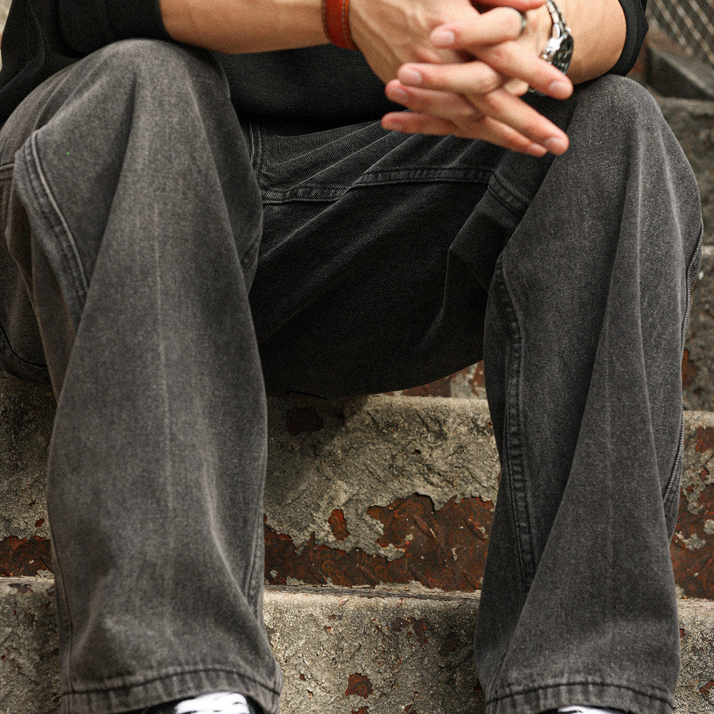 Retro washed black jeans vintage heavyweight drape straight leg wide leg pants