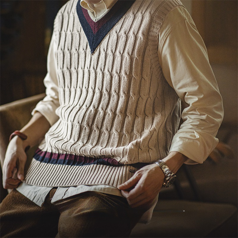 Maden Retro IVY Knitted V-neck Sweater Vest, College Style Contrast Color Twisted Flower Sleeveless Vest