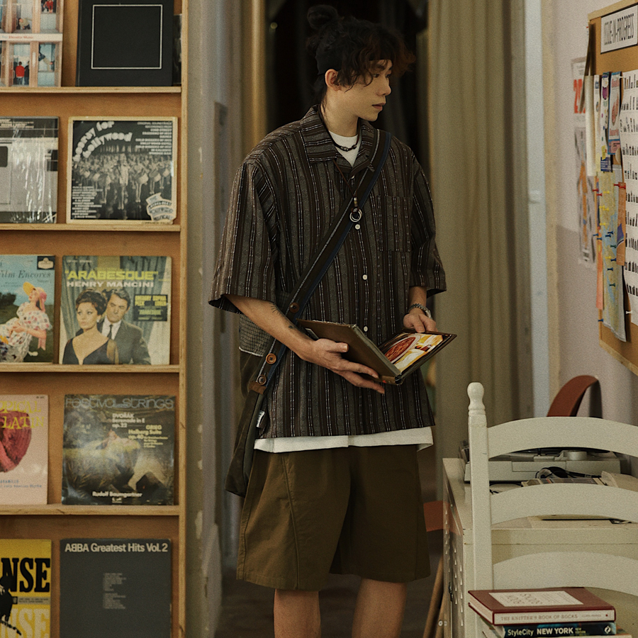 Summer Japanese striped pocket men's casual trend short sleeved shirt