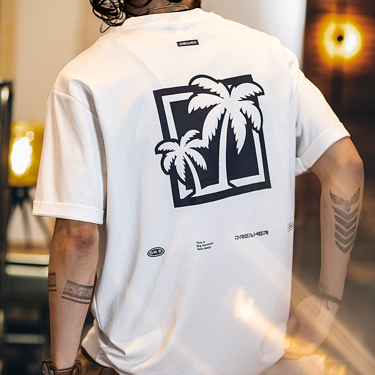 Summer new American casual texture printed round neck short sleeved shirt