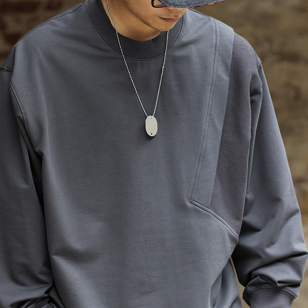 330g round neck long sleeved T-shirt with threaded splicing, loose fitting pullover, dark gray casual hoodie