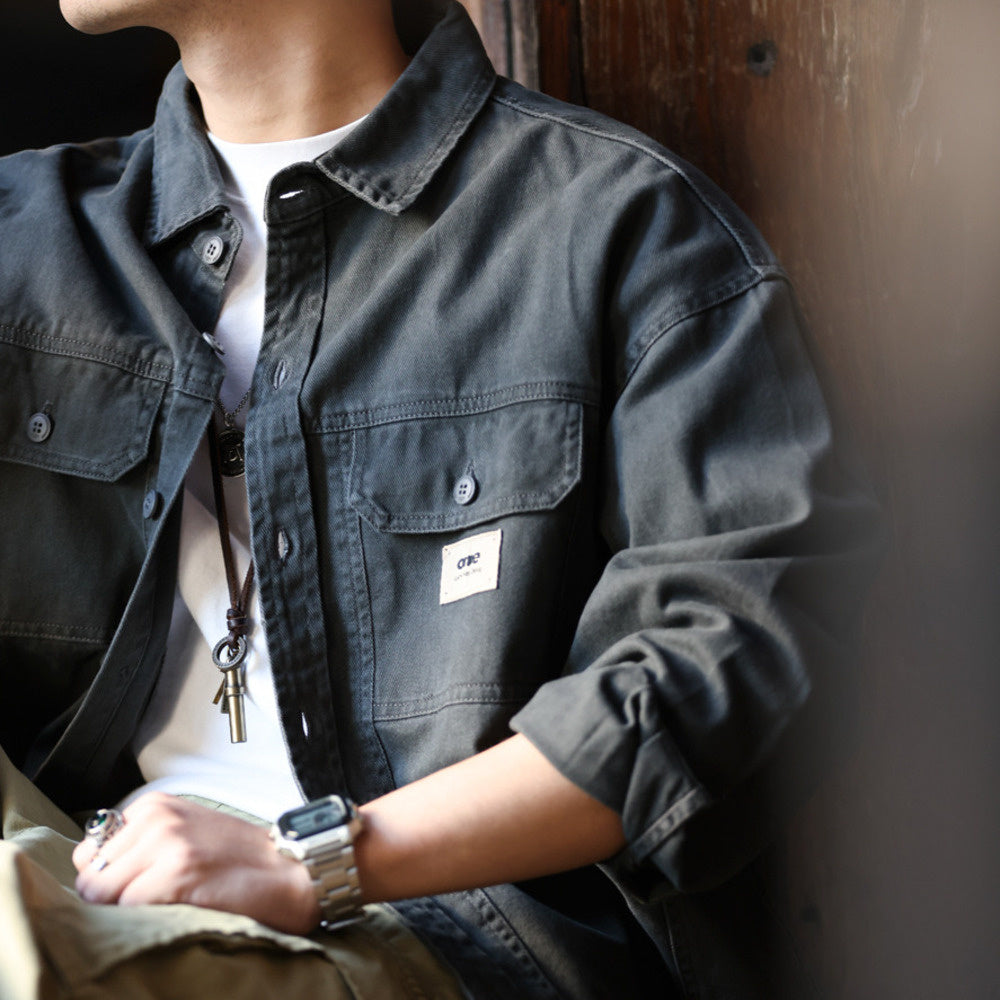 Men's long sleeved shirt jacket, pure cotton layered hunting suit shirt jacket