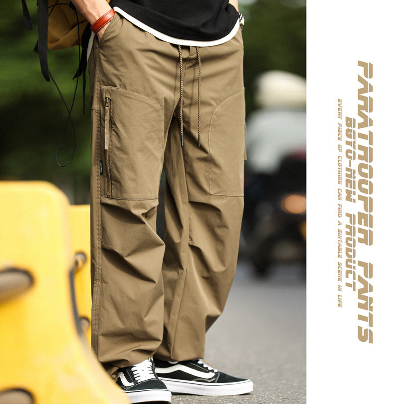 Retro outdoor work pants with loose straight zipper design, sporty and