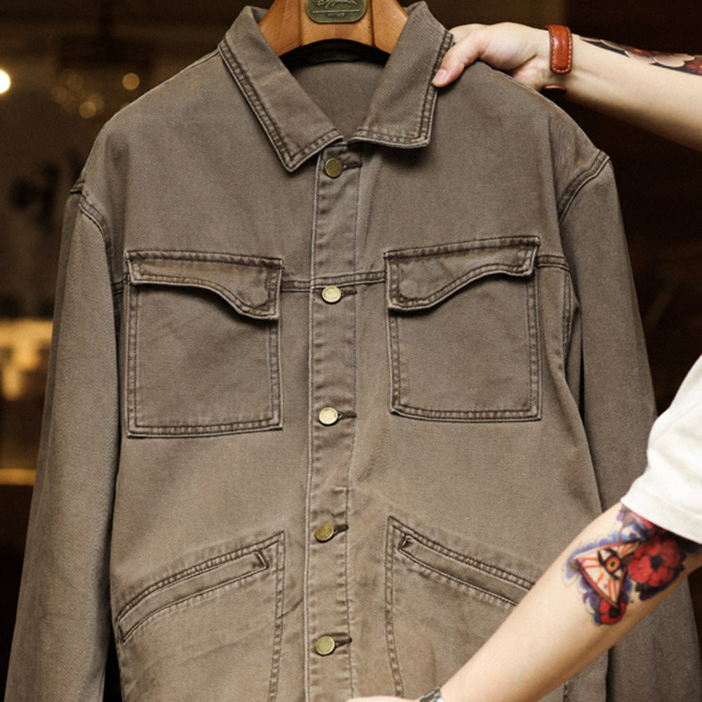 Atsu wash off hunting jacket men's multi pocket loose brown Detroit jacket