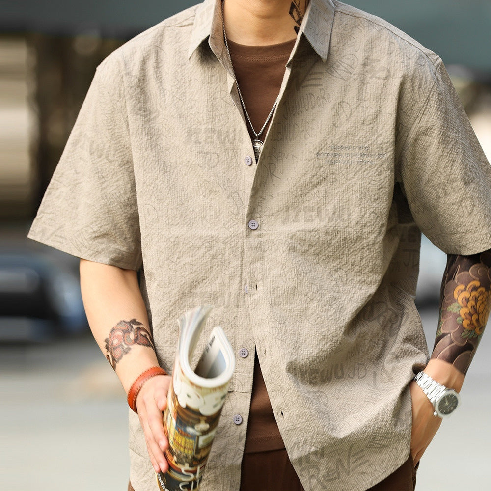 American retro short sleeved shirt men's full printed jacquard layered casual shirt