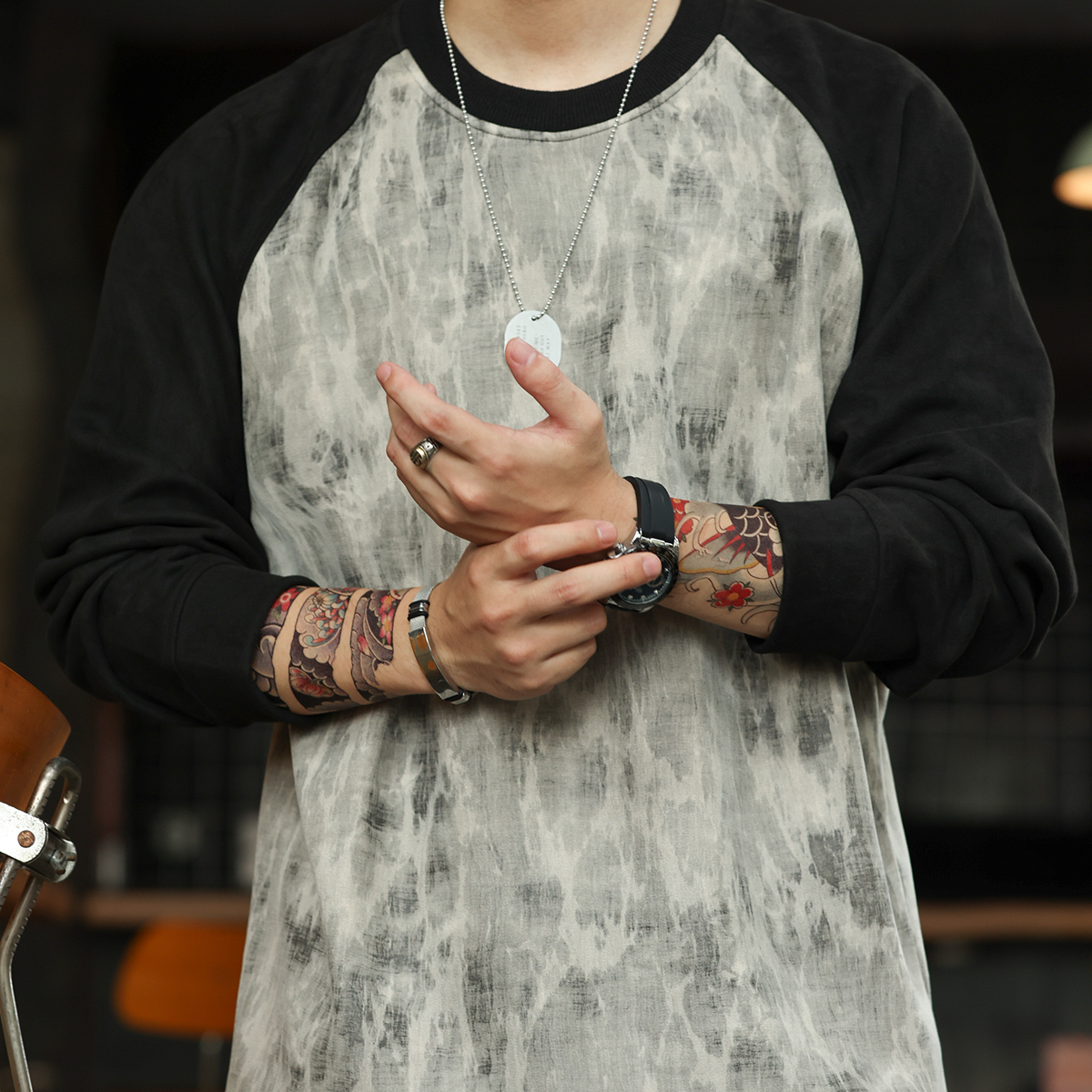 American Marble Patterned Men'S 360g Contrasting Long Sleeved Sweatshirt