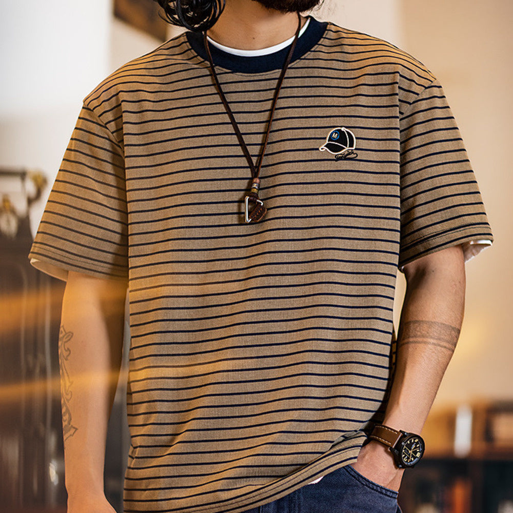 American retro slim striped men's embroidered short sleeved t-shirt