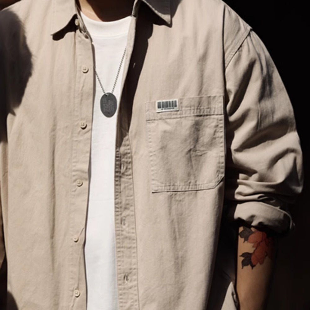 Casual, simple, solid color pockets, high-end feel, layered on top, long sleeved shirt with inner lining