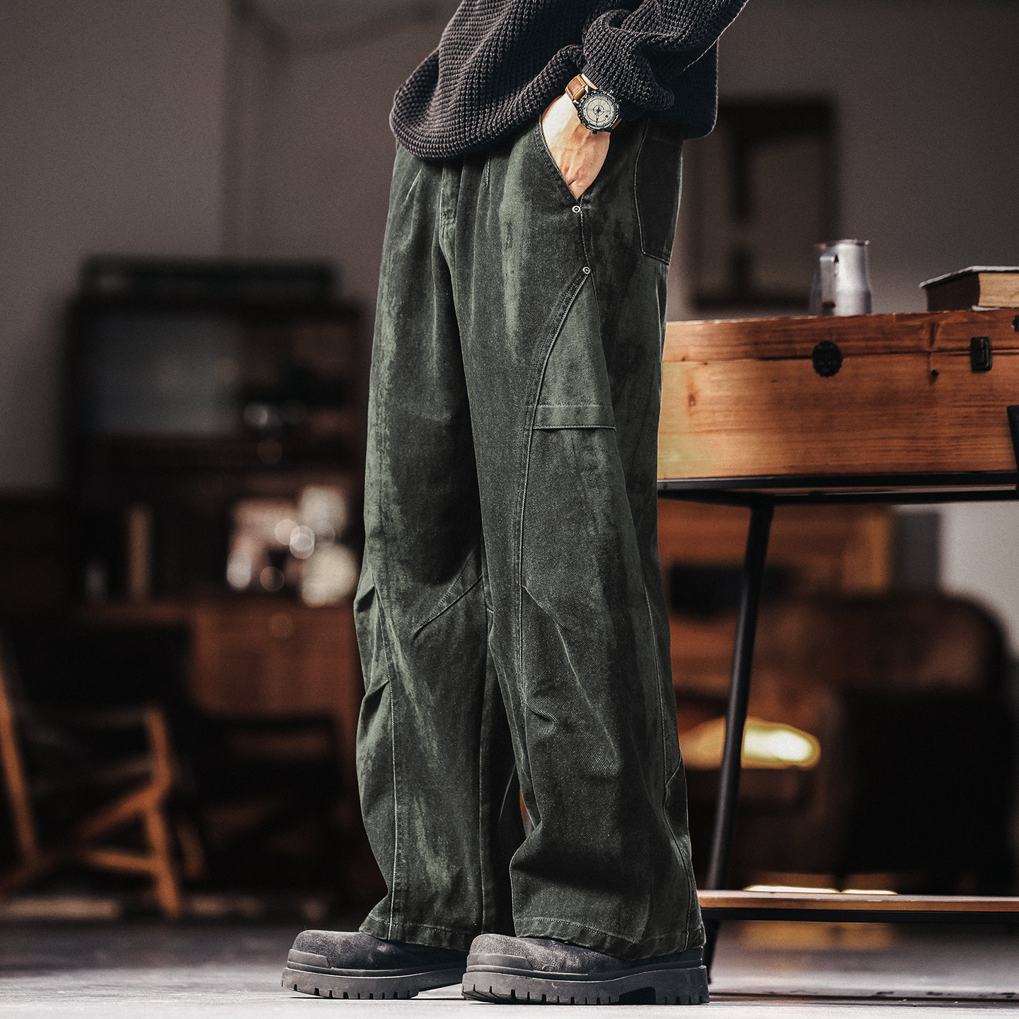 American Retro Men'S New Loose Military Green Paratrooper Pants