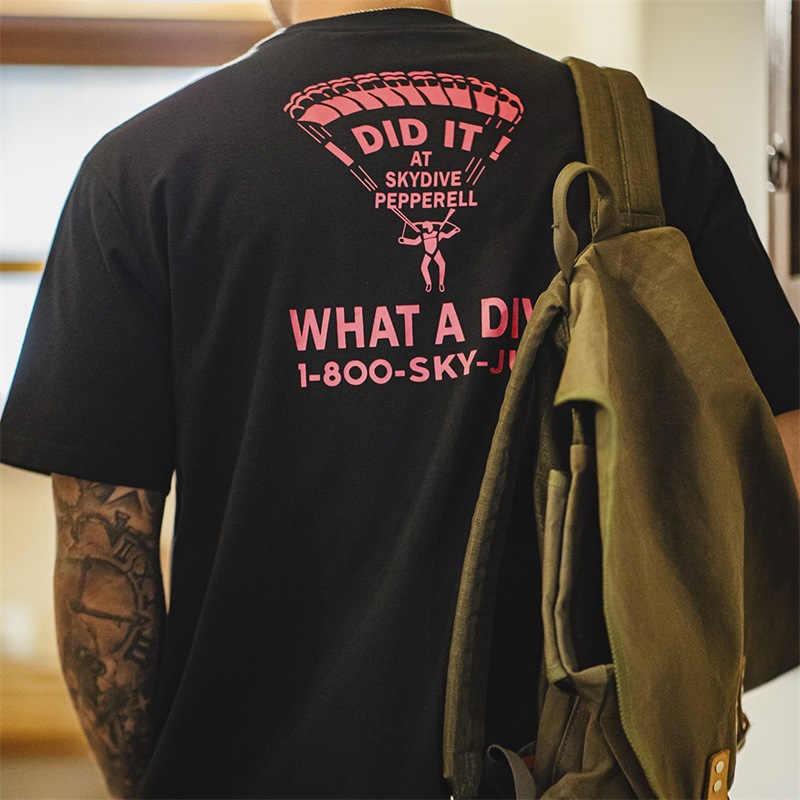 Maden retro fun letter printed short sleeved T-shirt with contrasting knitted round neck base