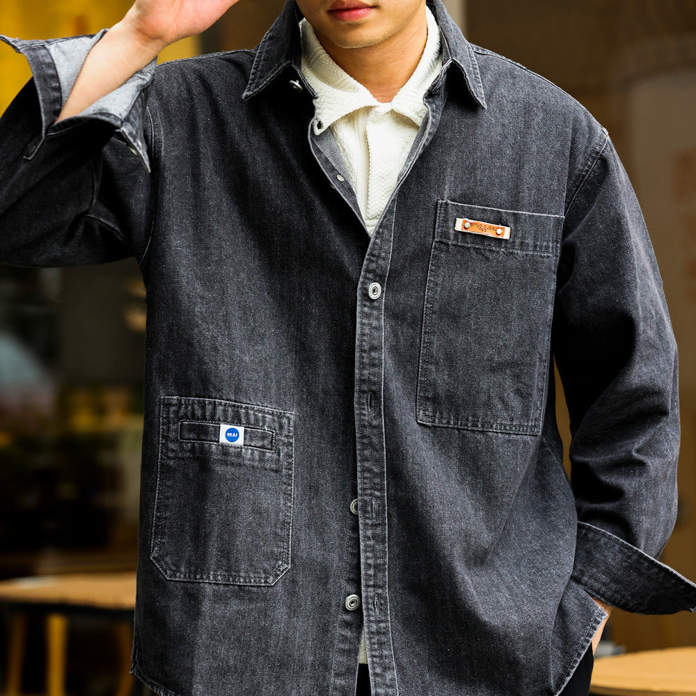 Workwear Long Sleeve Denim Shirt Loose Lapel Peplum Vintage Sense Casual Blouse Jacket