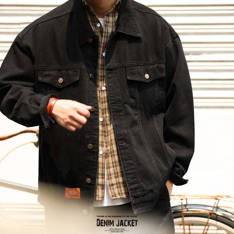 Vintage Lapel Heavyweight Denim Jacket Washed Black Workwear Casual Hunting Jacket