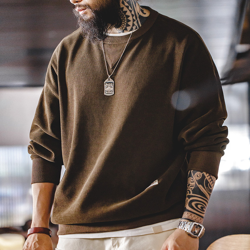 Maden Retro Heavyweight Chenille Round Neck Basic Anti Wrinkle Bottom Long sleeved T-shirt