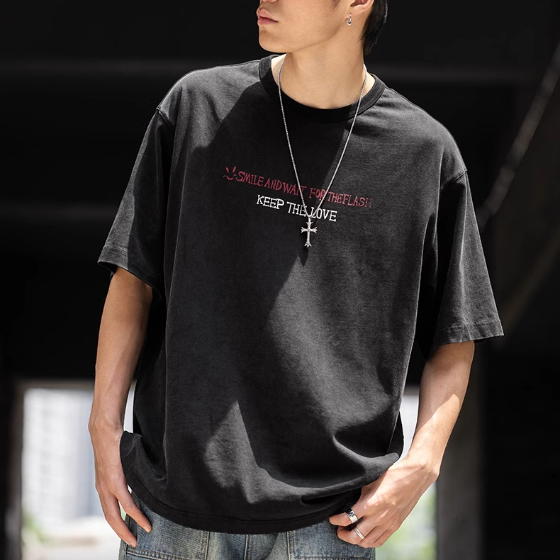 American retro washed letter printed casual loose short sleeved T-shirt