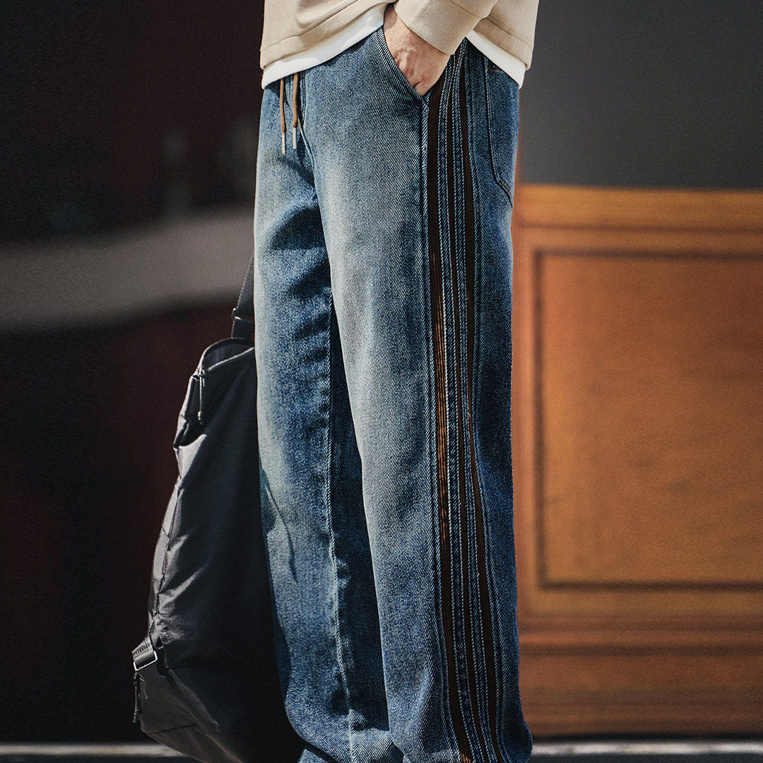 American Retro Three Bar Corduroy Patchwork Casual Loose Jeans