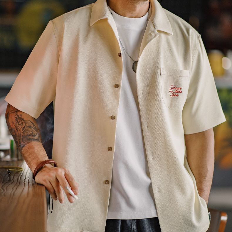 American Retro Hawaiian Embroidery Bamboo Knot Pattern Hanging Cuban Collar Short Sleeved Shirt