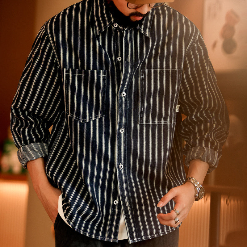 Vertical striped shirt men's slightly wide long sleeved pocket outdoor