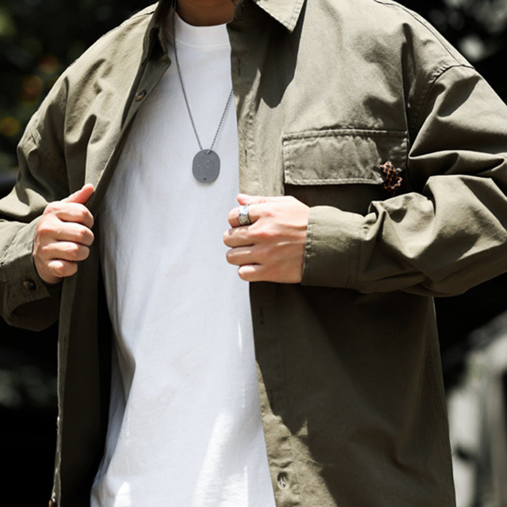 Outdoor mountain workwear shirt, men's army green light fermented washed water long sleeved high-end shirt