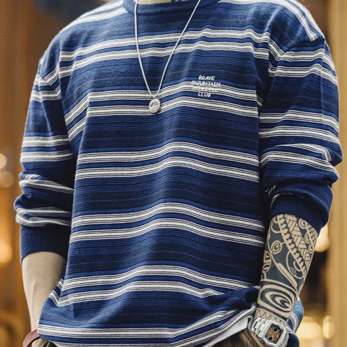 MADEN Contrast Color Striped Cityboy Blended round Neck Drop Shoulder Sweater