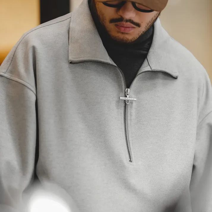 Magi Retro Ivy College Half Zipper Heavy Lapel Loose Pullover Top