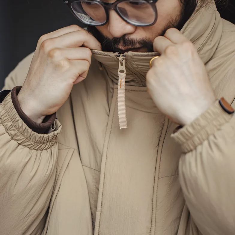 Maden Retro PCU Texture Stand Collar Mid-Length Hooded Cotton Jacket