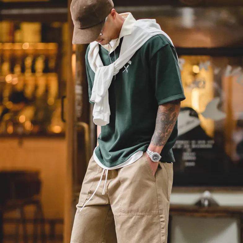 Maden Retro Contrast Color Polo Shirt Short Sleeve Loose Embroidered College Style Lapel T-shirt