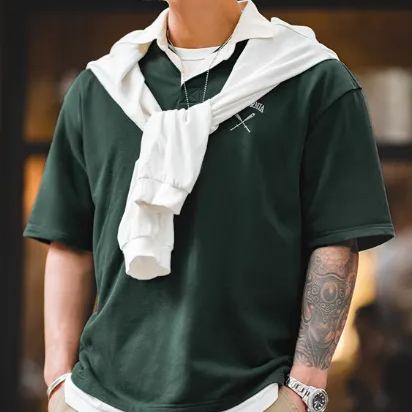 Maden Retro Contrast Color Polo Shirt Short Sleeve Loose Embroidered College Style Lapel T-shirt