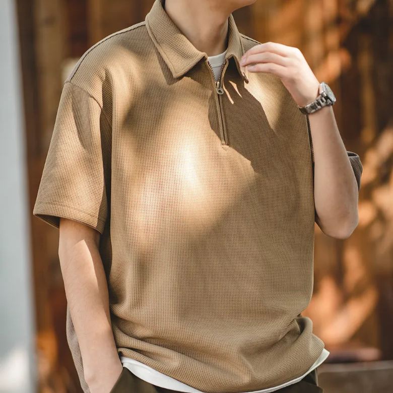Maden Japanese-Style Retro Waffle Short-Sleeved T-shirt Profile Solid Color Polo Collar Base Shirt