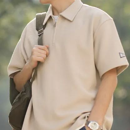 Maden Japanese-Style Retro Waffle Short-Sleeved T-shirt Profile Solid Color Polo Collar Base Shirt