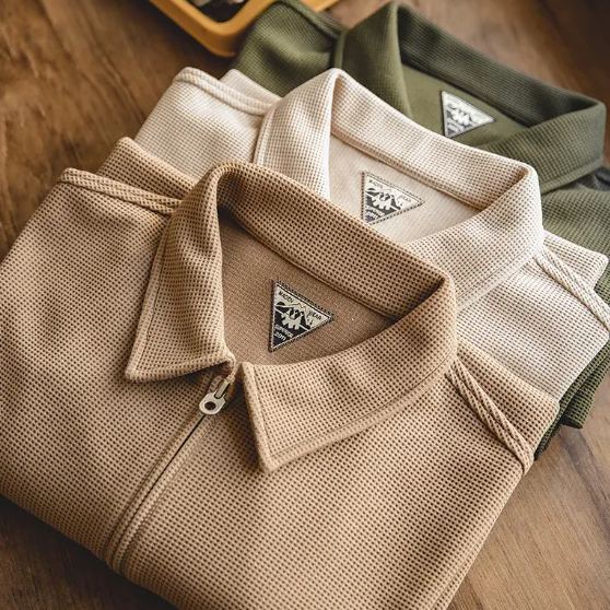 Maden Japanese-Style Retro Waffle Short-Sleeved T-shirt Profile Solid Color Polo Collar Base Shirt