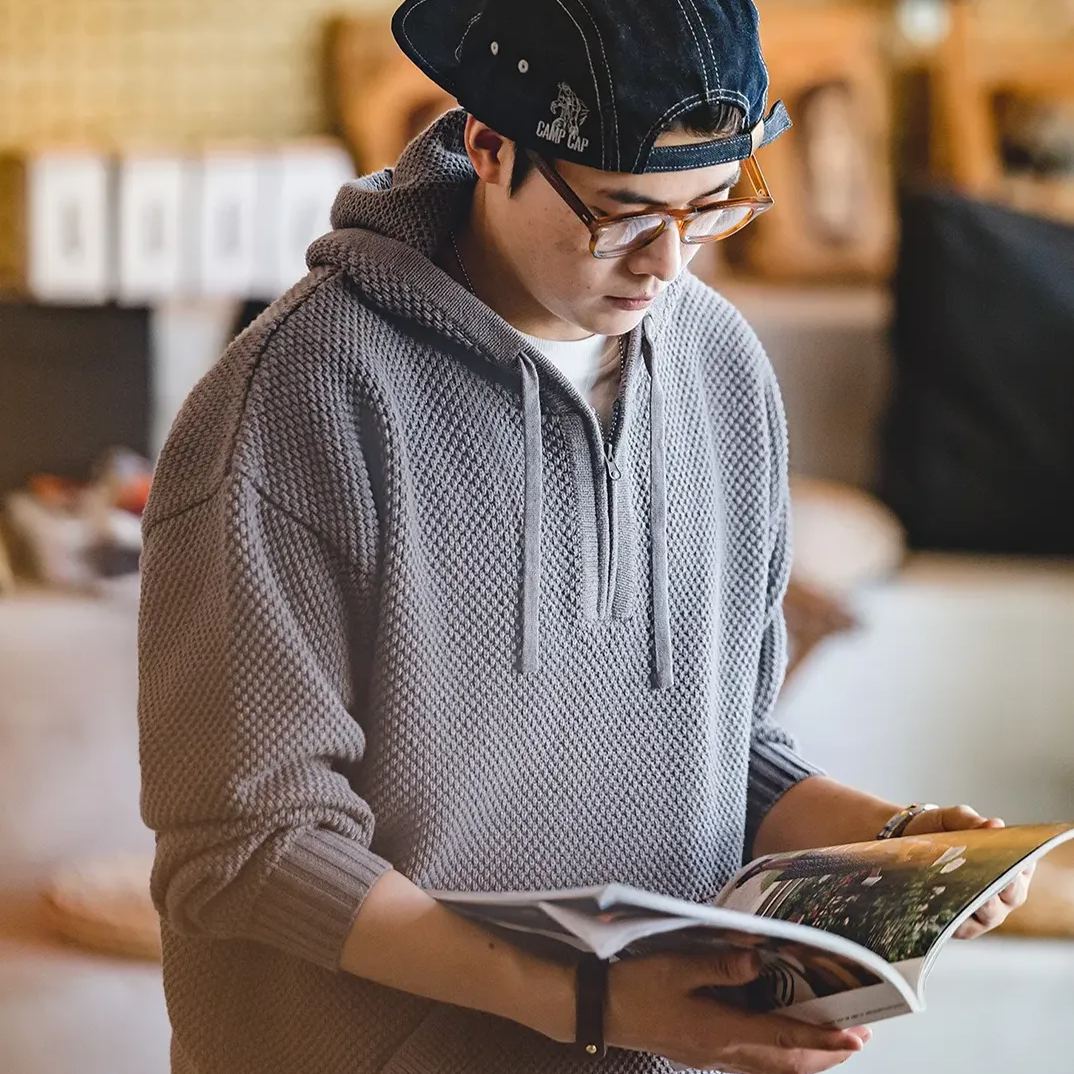 Maden Casual Half Zipper Pineapple Pattern Sweater Hooded Three-Dimensional Thickened Jumper