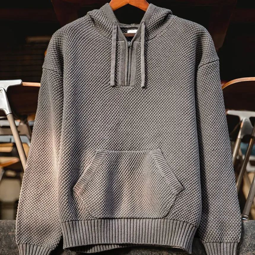 Maden Casual Half Zipper Pineapple Pattern Sweater Hooded Three-Dimensional Thickened Jumper