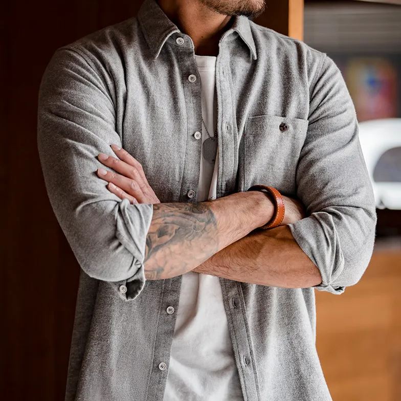 Maden Casual Flannel Cotton Shirt Gray Business Commute Brushed Long Sleeve Shirt