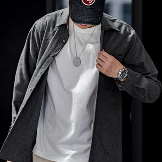 Maden Casual Flannel Cotton Shirt Gray Business Commute Brushed Long Sleeve Shirt