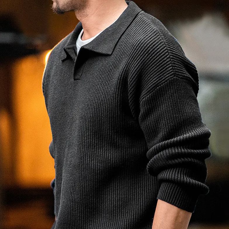 Magi Retro Lapels Knitwear Vertical Woven Sunken Stripe Polo Shirt Lazy Pullover Sweater
