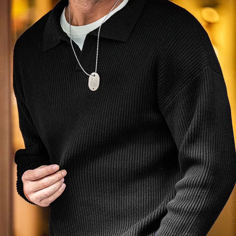 Magi Retro Lapels Knitwear Vertical Woven Sunken Stripe Polo Shirt Lazy Pullover Sweater