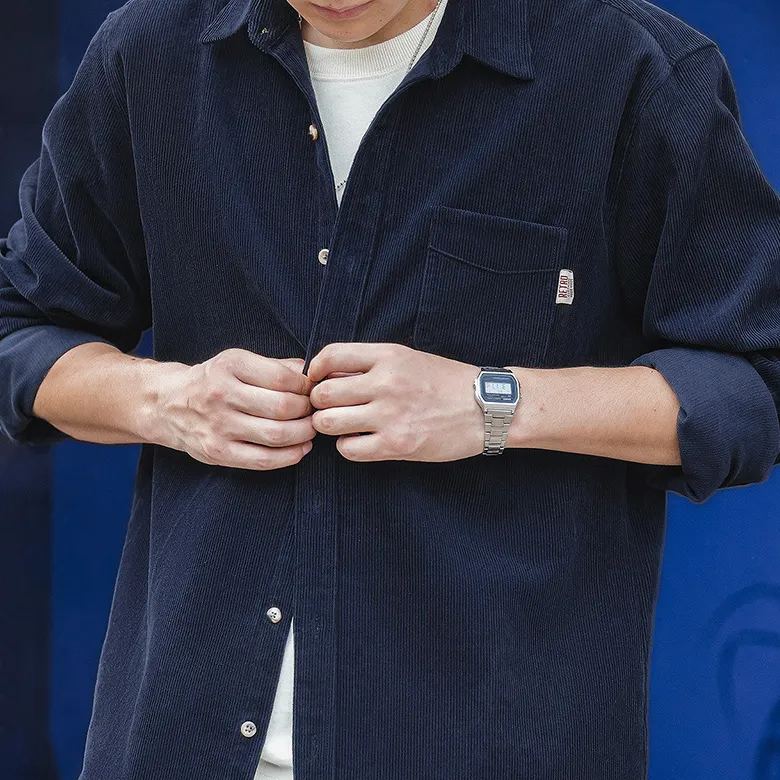 Maden Casual Long Sleeve Shirt Corduroy Bandage Dress Outerwear Coat Corduroy Shirt