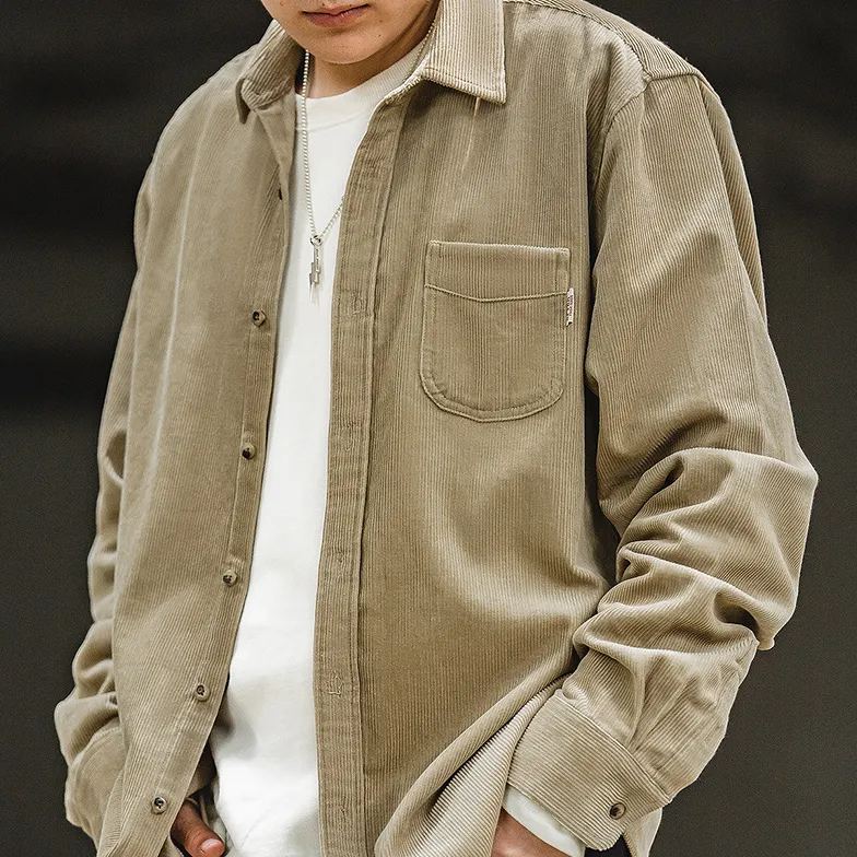 Maden Casual Long Sleeve Shirt Corduroy Bandage Dress Outerwear Coat Corduroy Shirt