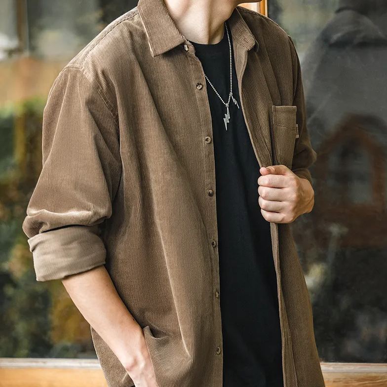 Maden Casual Long Sleeve Shirt Corduroy Bandage Dress Outerwear Coat Corduroy Shirt