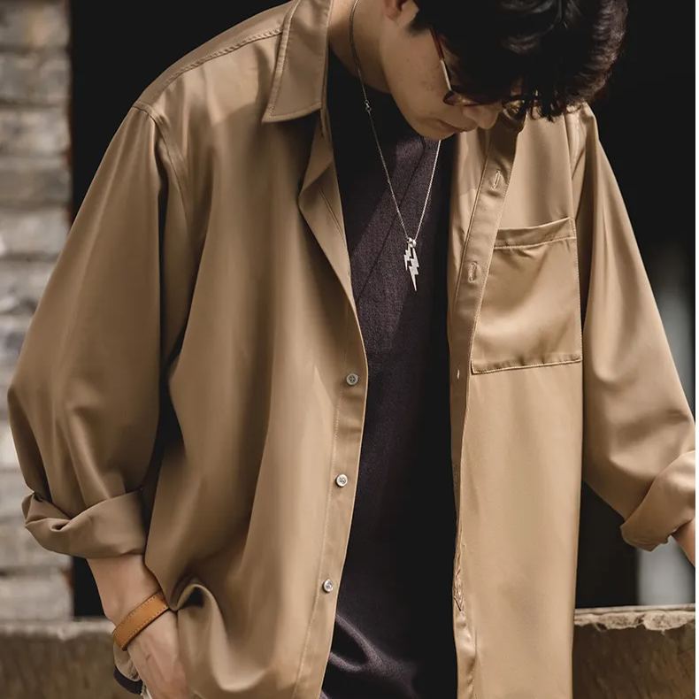 Maden Vintage Satin Long Sleeve Shirt Loose Ice Silk Pendant Shirt