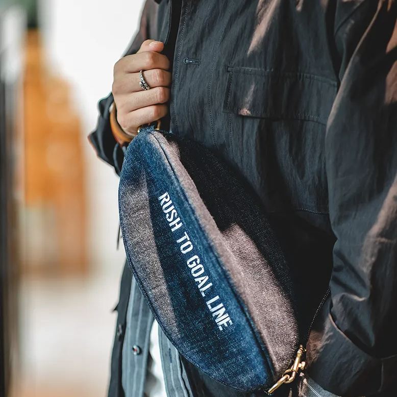 Maden Japanese-Style Retro Denim Crossbody Rugby Chest Bag Denim Letter Commuter Shoulder Bag