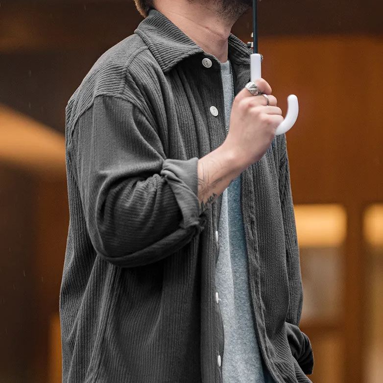 Maden Japanese-Style Retro Jacquard Knitted Dark Gray Shirt Long Sleeve Thick Coat Shirt