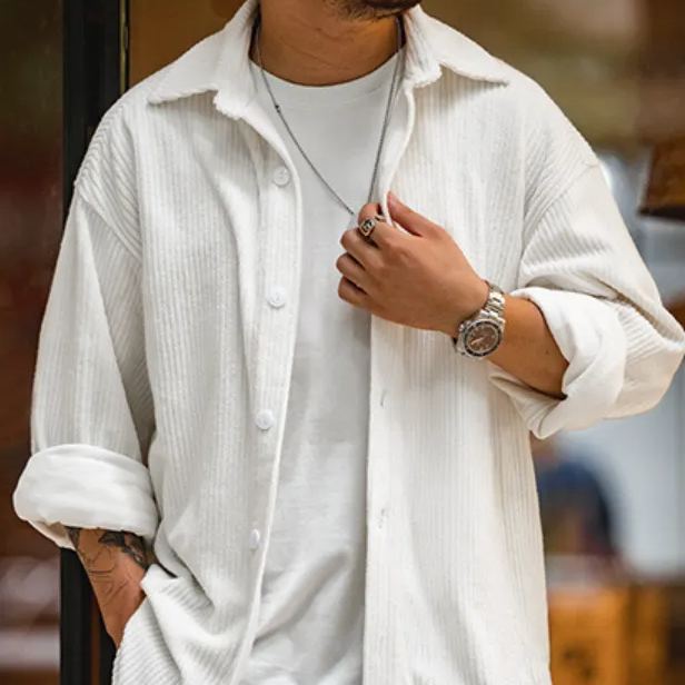 Maden Japanese-Style Retro Jacquard Knitted Dark Gray Shirt Long Sleeve Thick Coat Shirt