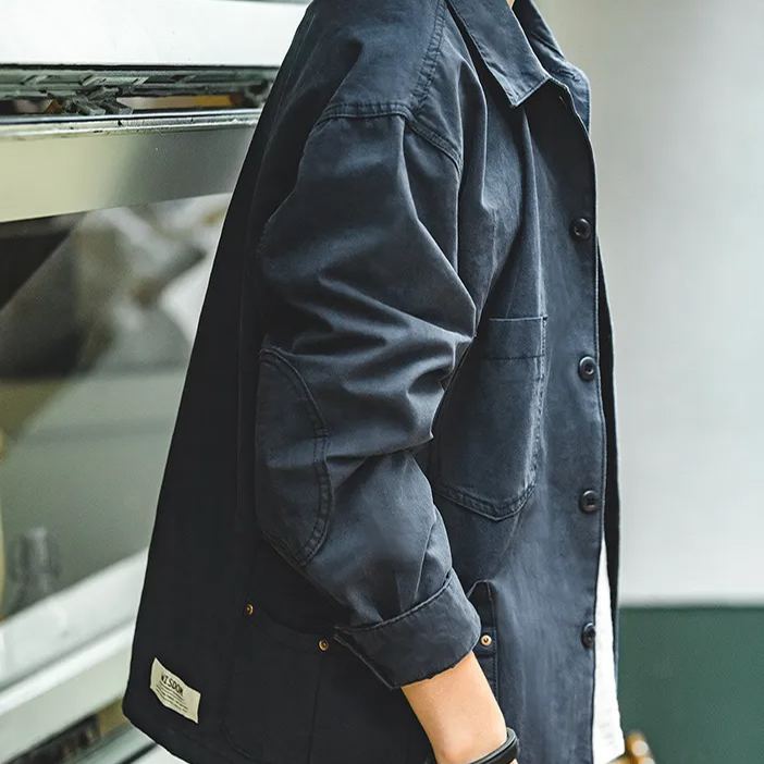 Maden Retro French Coach Jacket Navy Blue Coat Distressed Safari Jacket Top