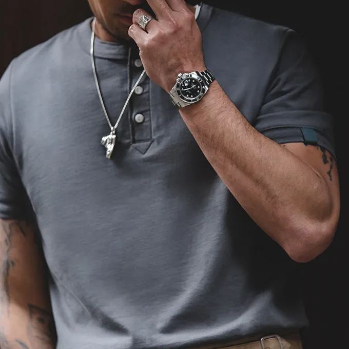 Maden Retro Amekaji Short Sleeve Henley Shirt Summer Army Green Micro-Elastic T-shirt