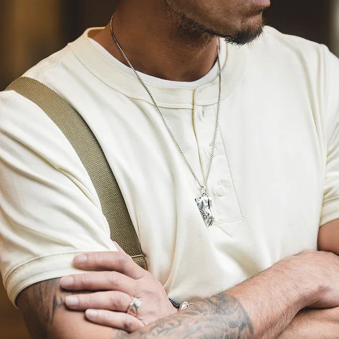 Maden Retro Amekaji Short Sleeve Henley Shirt Summer Army Green Micro-Elastic T-shirt