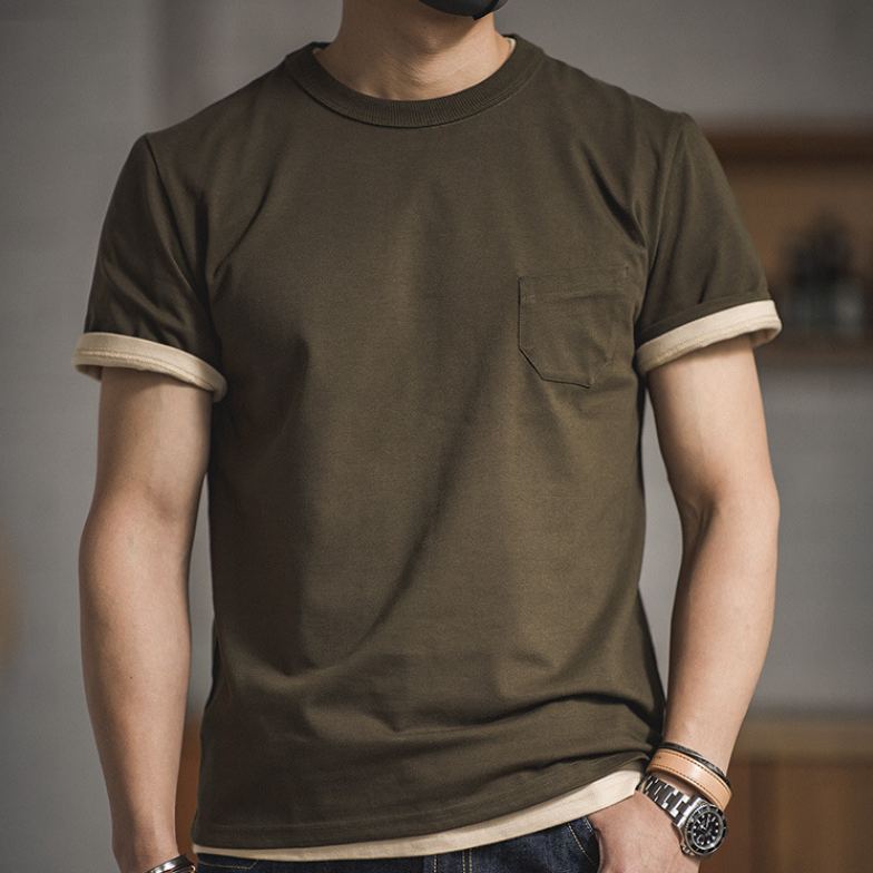 Maden Retro Three-Piece Needle Pocket T-shirt Amekaji Cotton Half Sleeve Tough Guy Short Sleeve