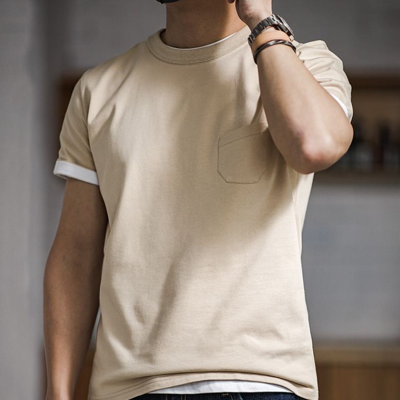 Maden Retro Three-Piece Needle Pocket T-shirt Amekaji Cotton Half Sleeve Tough Guy Short Sleeve