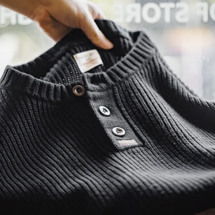 Maden Vintage Knitted Henley Shirt Amekaji Vertical Striped Pullover Sweater